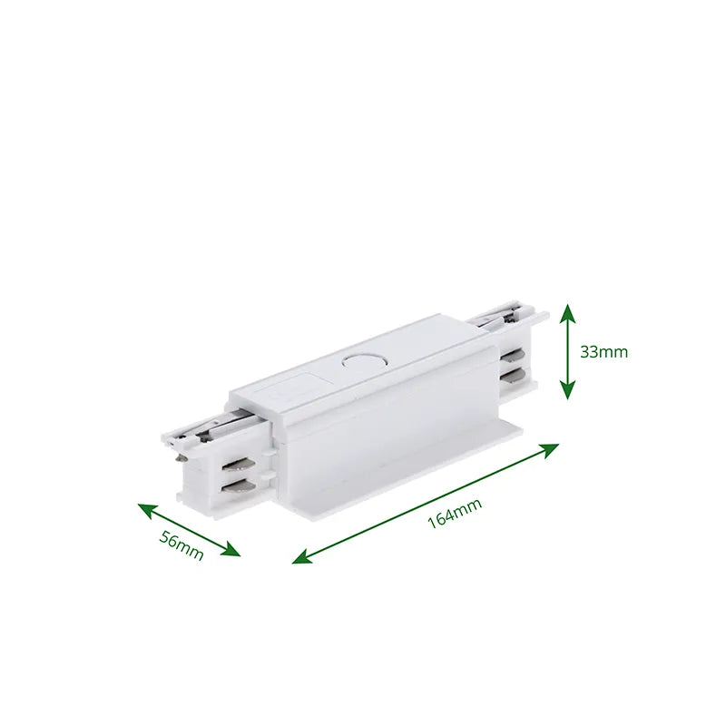 Inbouw 3-fase rail connector recht wit met afmetingen