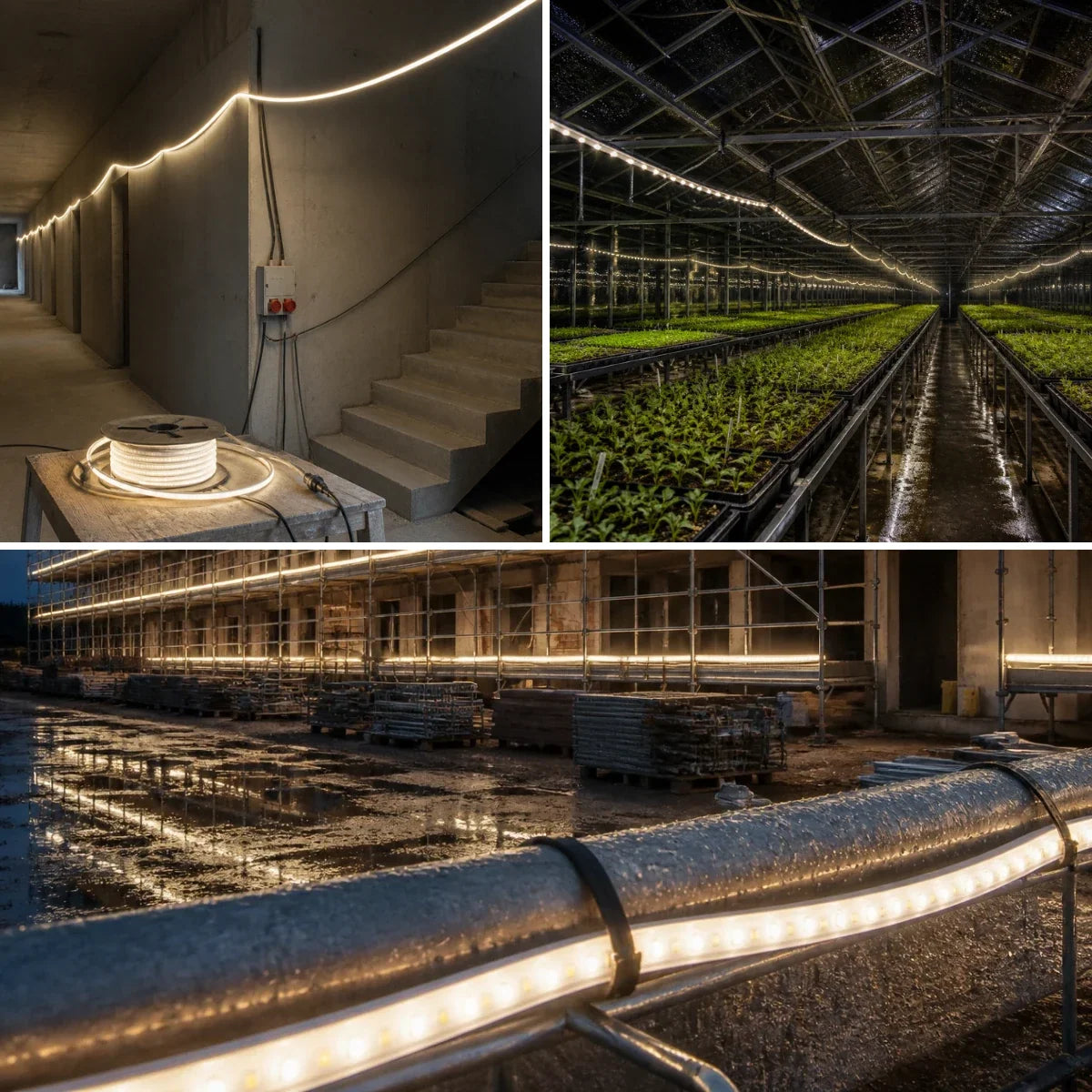 Ruban LED de chantier 50 m dans le gros œuvre, au-dessus des plantes en serre et le long d’un échafaudage