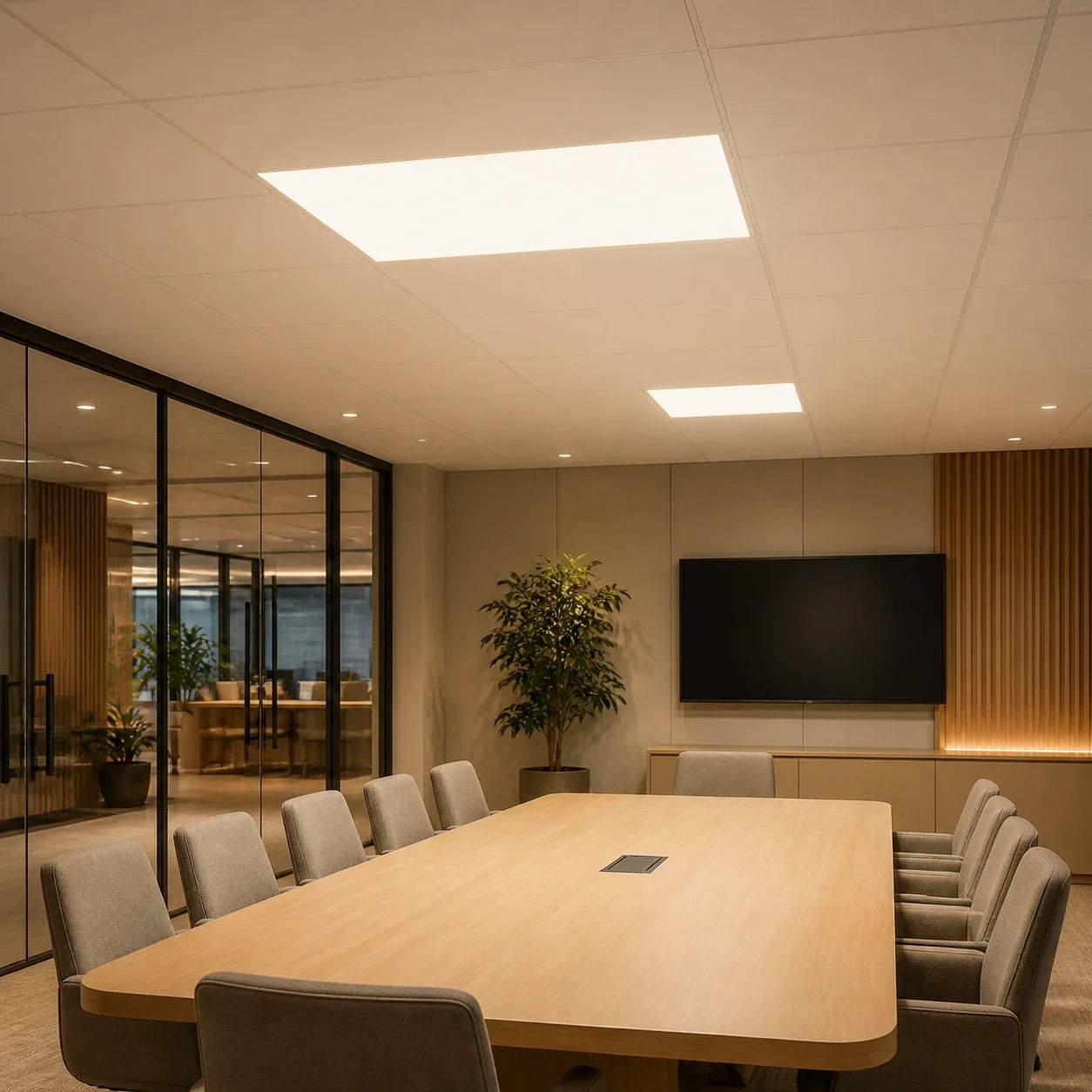 Warm wit LED paneel ingebouwd in een plafond