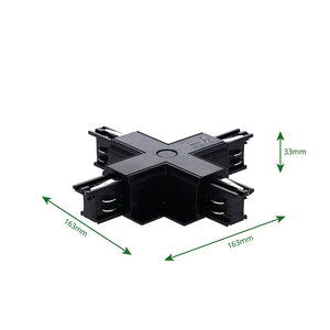 Inbouw 3-fase rail kruis-splitsing connector zwart met afmetingen